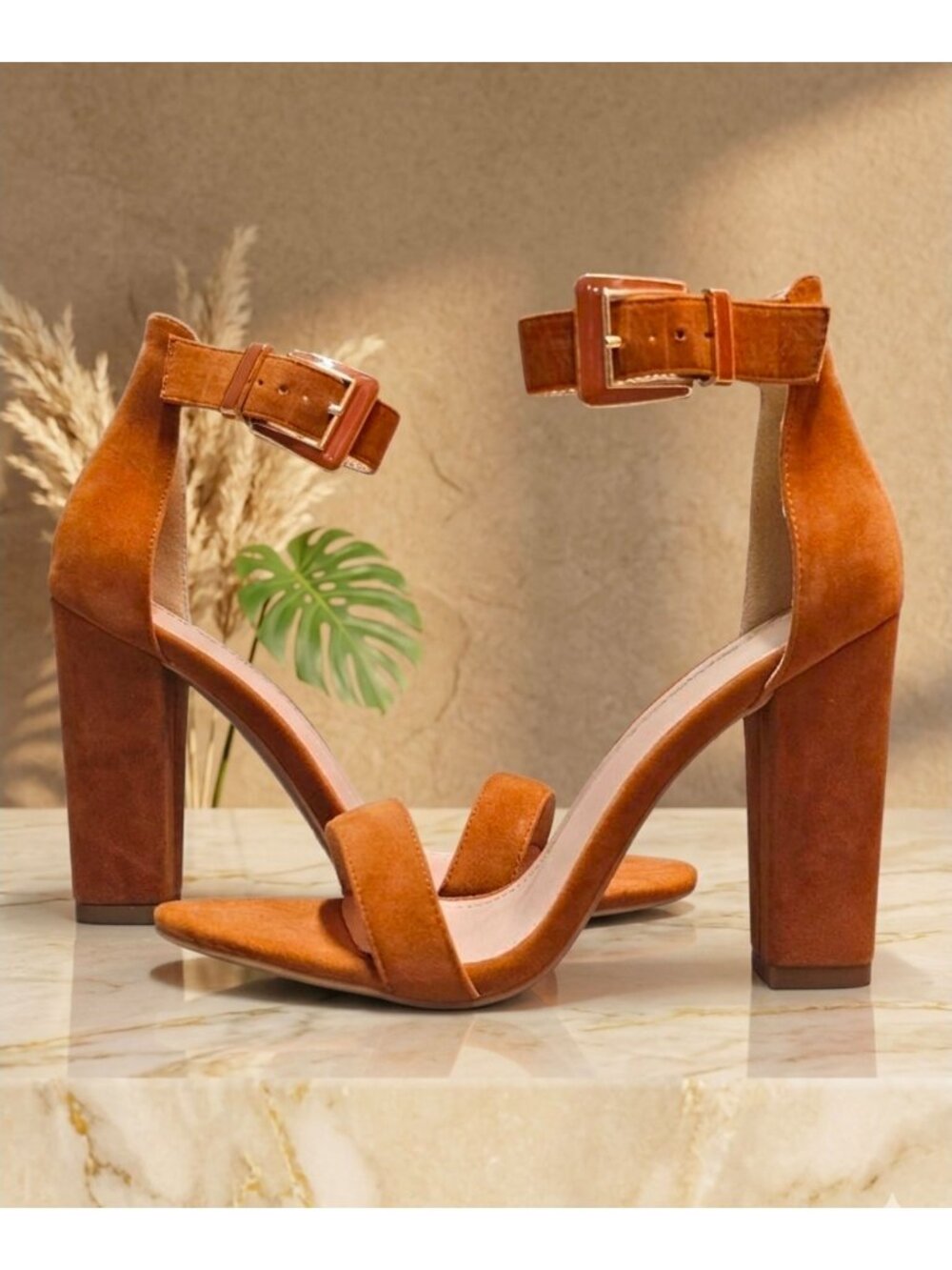 Block Heel Chestnut Faux Suede Ankle Strap Sandals With Buckle Closure For Women